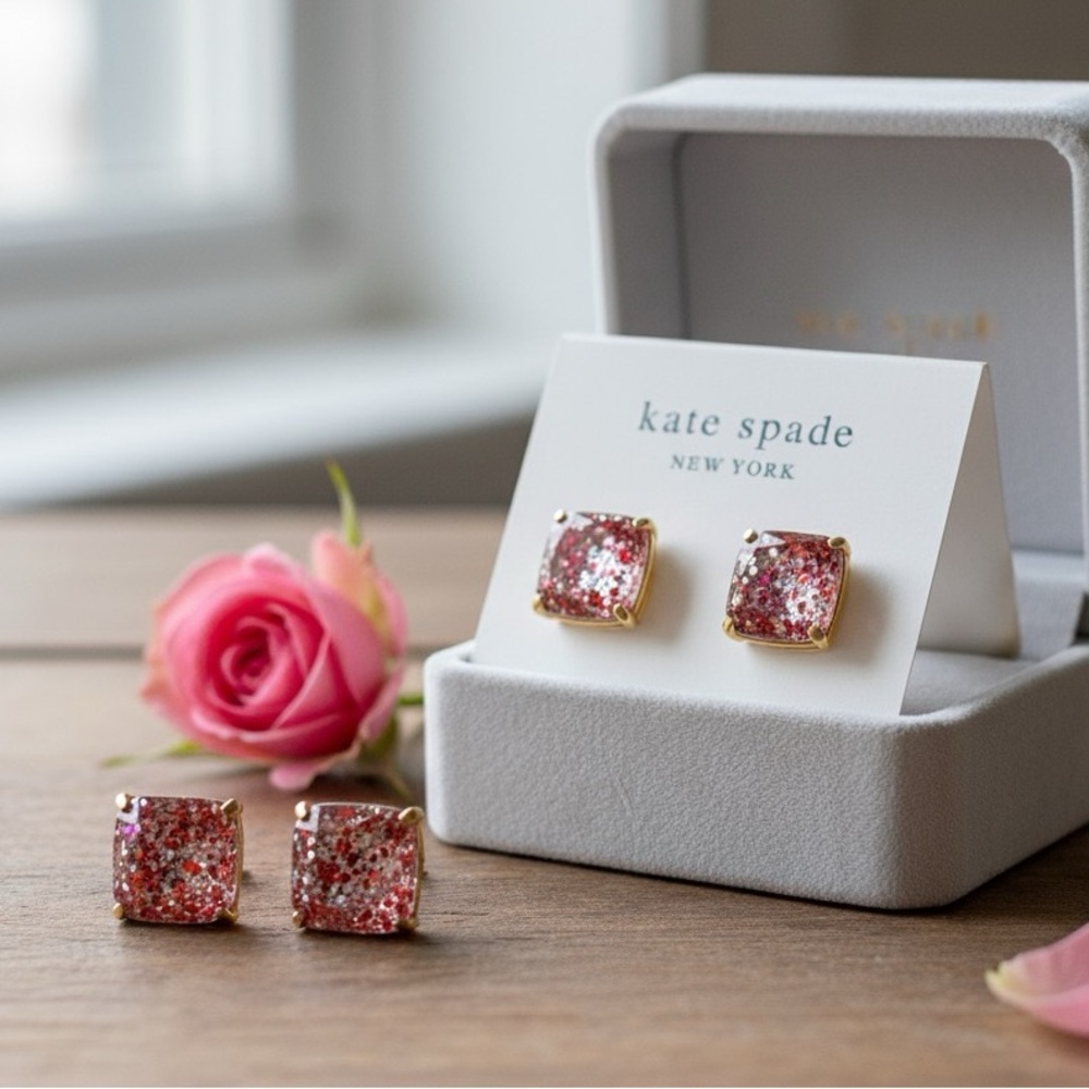 Kate Spade Pink and Gold Glitter Square Earrings. NWT